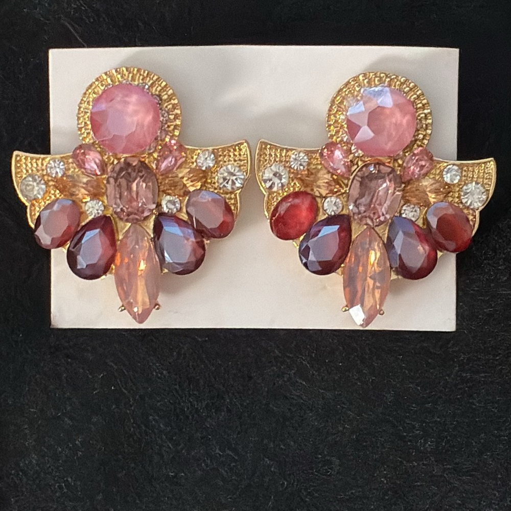 Retro Style Statement Earrings Pink Red & Gold Tone